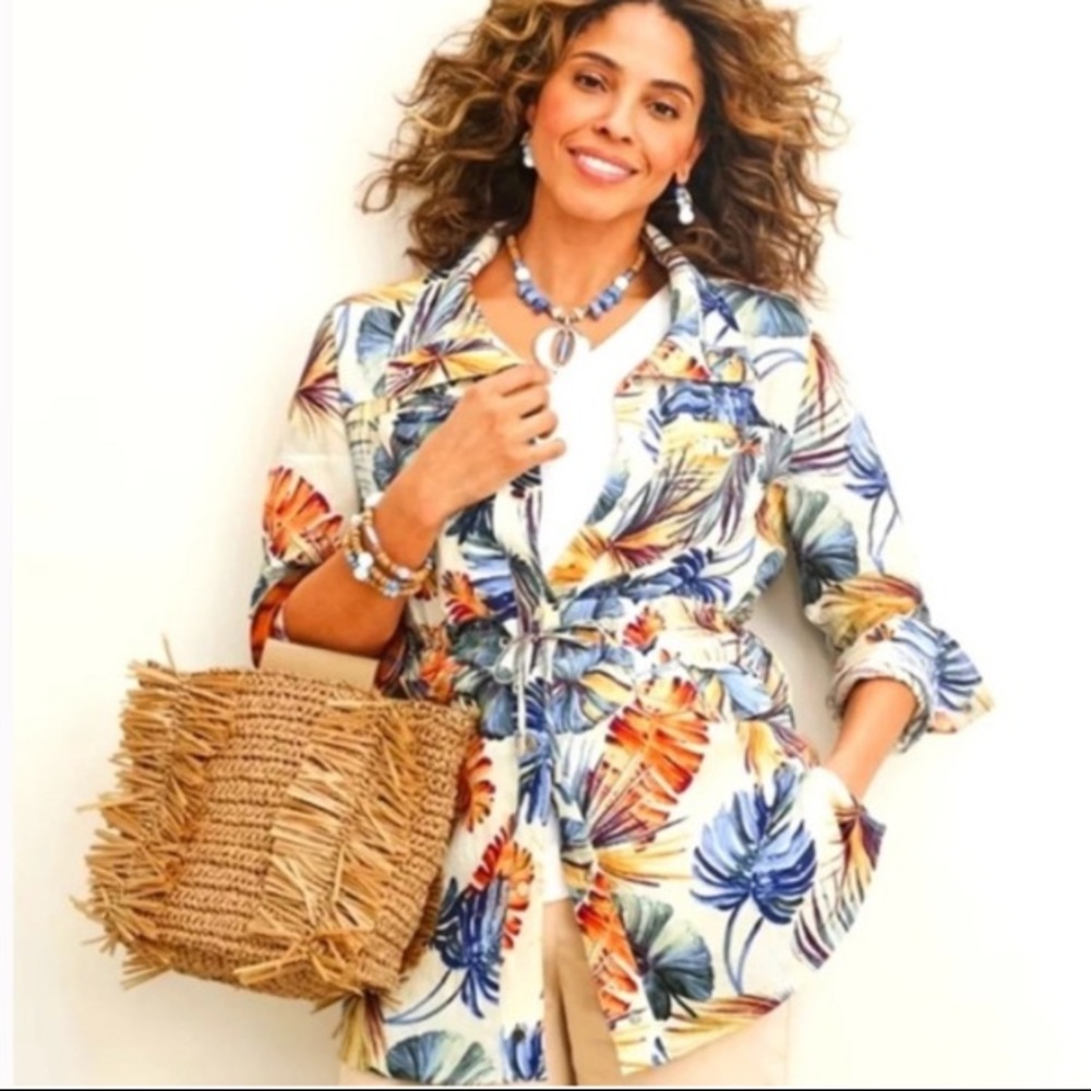 CHICO’S 100% Linen Tropical Jungle Palm Print Utility Jacket Ivory Multi Sz 3X
